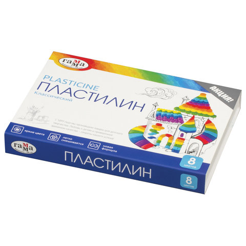 Пластилин классический ГАММА "Классический", 8 цветов, 160 г, со стеком, картонная упаковка, 281031