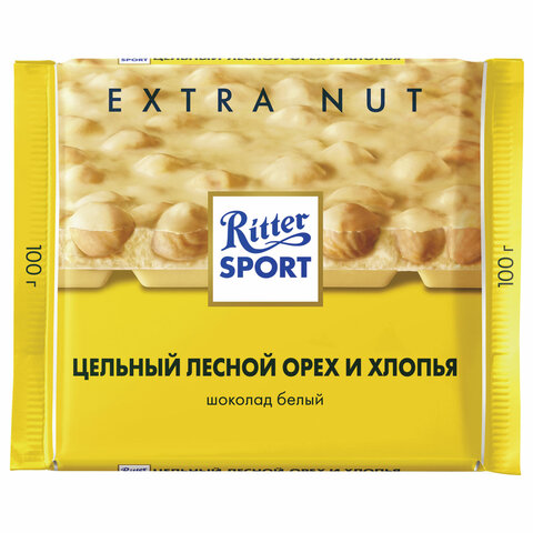 Шоколад RITTER SPORT "Extra Nut", белый, с цельным лесным орехом и хлопьями, 100 г, Германия, 7016