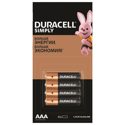 Батарейки КОМПЛЕКТ 4 шт. (отрывной блок), DURACELL Simply, ААА (LR03, 24А), алкалиновые, мизинчиковые, 5009140