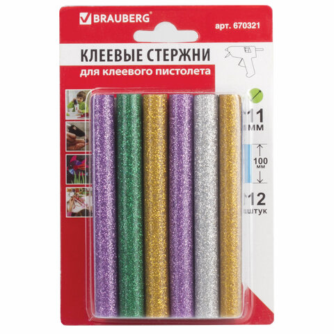 Клеевые стержни, диаметр 11 мм, длина 100 мм, цветные (ассорти), С БЛЕСТКАМИ, КОМПЛЕКТ 12 шт., 6 цветов, BRAUBERG, 670321