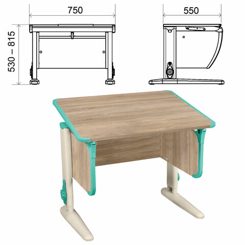 Стол-парта регулируемый "ДЭМИ" СУТ.41, 750х550х530-815 мм, бежевый каркас, пластик аквамарин, дуб сонома (КОМПЛЕКТ)