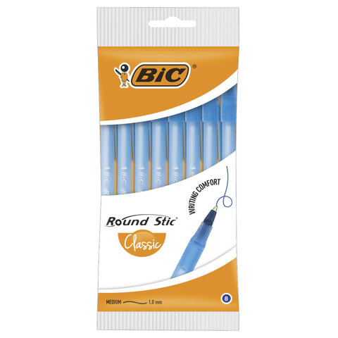 Ручки шариковые BIC "Round Stic", НАБОР 8 шт., СИНИЕ, узел 1 мм, линия письма 0,32 мм, пакет, 928497