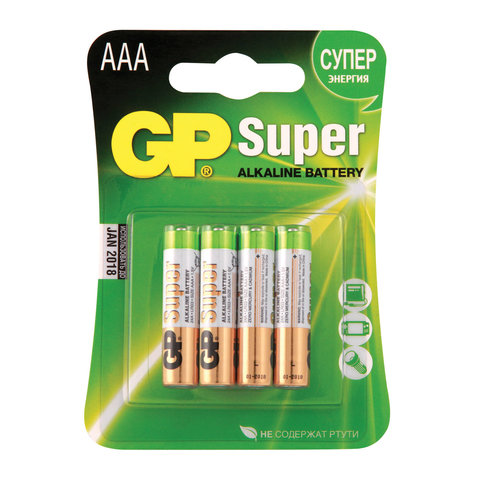 Батарейки КОМПЛЕКТ 4 шт., GP Super, AAA (LR03, 24А), алкалиновые, мизинчиковые, блистер, 24A-2CR4