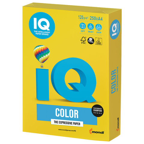 Бумага цветная IQ color, А4, 120 г/м2, 250 л., интенсив, ярко-желтая, IG50