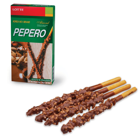 Печенье-соломка LOTTE "Pepero Almond", в шоколадной глазури с миндалем, в картонной упаковке, 36 г, Корея, 62004MO