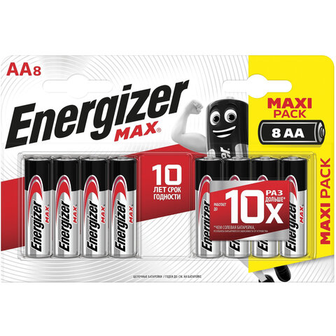 Батарейки КОМПЛЕКТ 8 шт., ENERGIZER Max, AA (LR06, 15А), алкалиновые, пальчиковые, блистер, E301531301